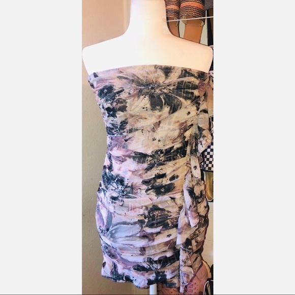 Floral Ruched Strapless Ruffle Draped Mini Dress Size M - Picture 1 of 3